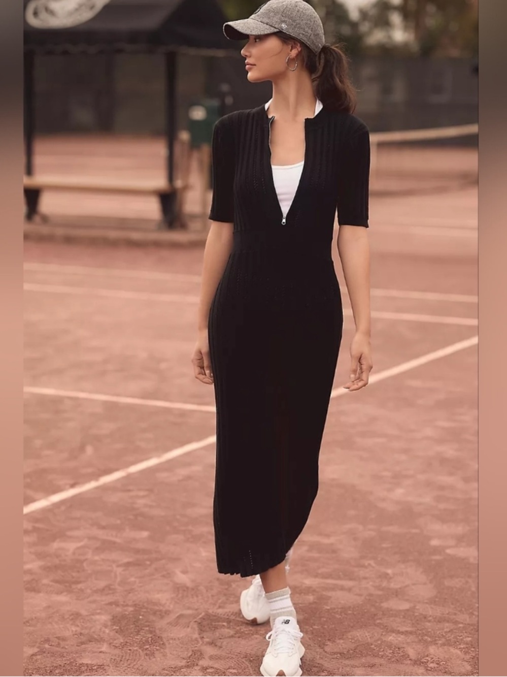 Varley Malia Knit Midi Dress in Pointelle Black Size M